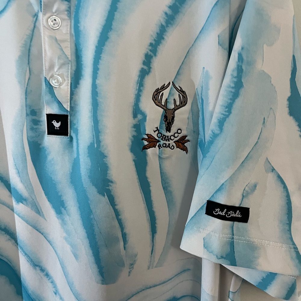 Blue Green Swirl Bad Birdie Swept Tobacco Road Pinehurst Area Golf polo shirt L - Picture 3 of 7